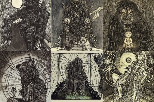 the hierophant siting in his throne, Howl as a black raven, highly detailed goblin, smoke monster grabbing the astronaut, character concept, extremely detailed. painting by Arthur Rackham, a few large curls, by christopher nolan, by kengo kuma with village, 1 9 6 0 s bob hair with bangs and hairband, by popular digital, art by artgerm and greg rutkowski and alphonse mucha and loish and WLOP., at the Salar De Uyuni, samsung logo