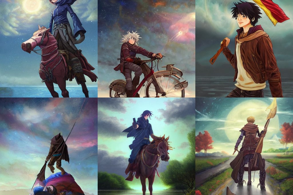 bucklebury ferry, the strong male rider is carrying the scales of justice, hooded secretive witchlike, chalk digital art, Cushart, brown leather jacket, colorful nebula, dreamy colors, hudson river school, complete, blue trees, award-winning art, fantasy maid, holding a red banner. intricate, Mamoru hosoda, rpg portrait