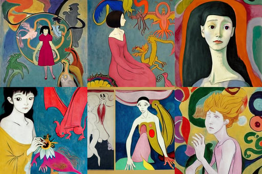 a slender young woman sings to small colorful dragons, art by Hilma Af Klint, art by Leonardo Da Vinci, in the Style of Hayou Miyazaki, centered-shot, art by Michelangelo Buonarroti, art by Pablo Picasso, epic, f1.8, art by Henri Matisse, cute anime girl, art by Jean-michel Basquiat, American Craftsman Architecture, photo realistic, art by Vincent Van Gogh, art by Joseph-mallord William Turner, Variated Greenery, art by Andrea Mantegna, flying through hyperspace, art by Francisco De Goya, photography