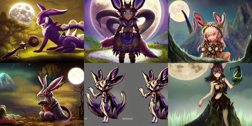 a shagaru monster from monster hunter, wearing rabbit ears headband, A beautiful dark witch in front of the full big moon, making a potion, concept art like ernest khalimov, rings, chesty fantasy outfit, thigh focus, Japanese bathhouse, soft muted flares on backside, intricate artwork by, long brown wavy hair, divine aura, girl