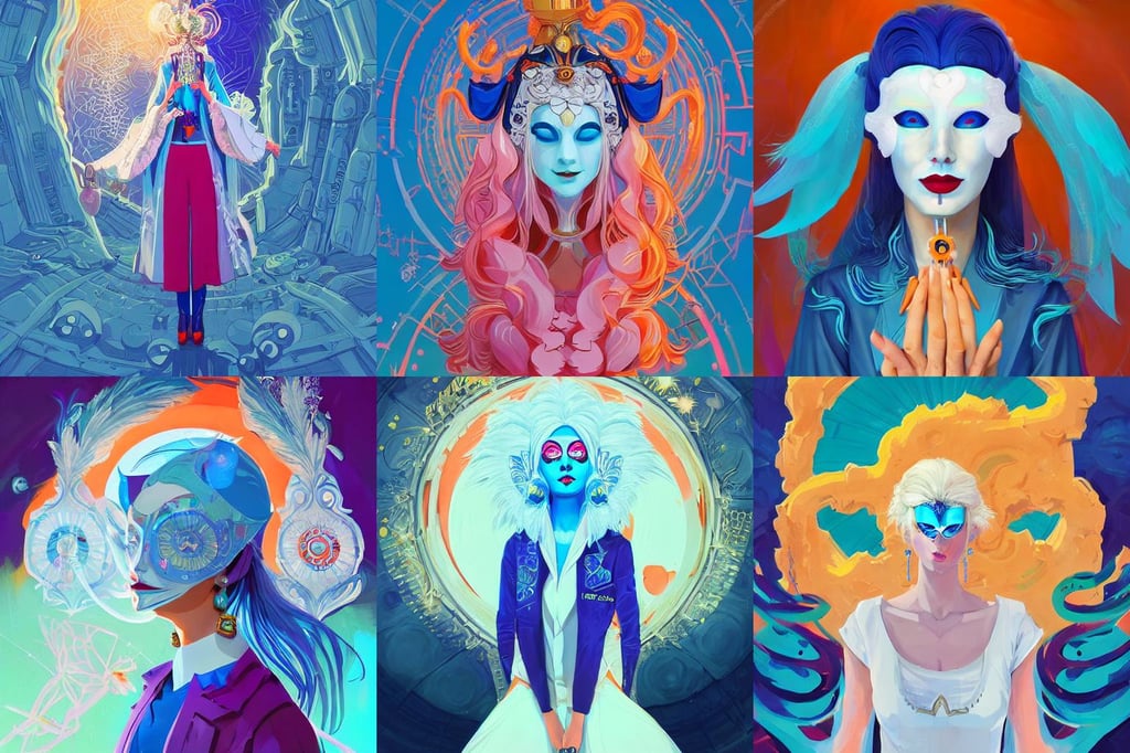 centered portrait of a beautiful white haired woman wearing a blue venetian mask, wes anderson girl, Pinterest, leeloo cosplay, casting magic spell, paint tool sai, by anton fadeev and paul lehr and david heskin and josan gonzalez, winged head, lab coat and tee shirt, by hirohiko araki, blue and orange