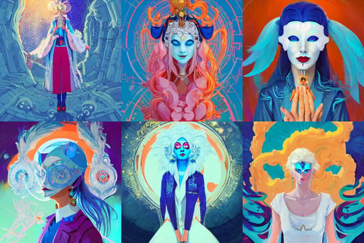 centered portrait of a beautiful white haired woman wearing a blue venetian mask, wes anderson girl, Pinterest, leeloo cosplay, casting magic spell, paint tool sai, by anton fadeev and paul lehr and david heskin and josan gonzalez, winged head, lab coat and tee shirt, by hirohiko araki, blue and orange