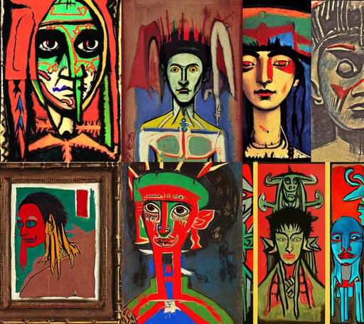 undead aztec elf portrait, art by Leonardo Da Vinci, art by Jean-michel Basquiat, art by Mark Rothko, art by Pablo Picasso, art by Caspar David Friedrich, ukiyo-e, art by Eugène Delacroix, team