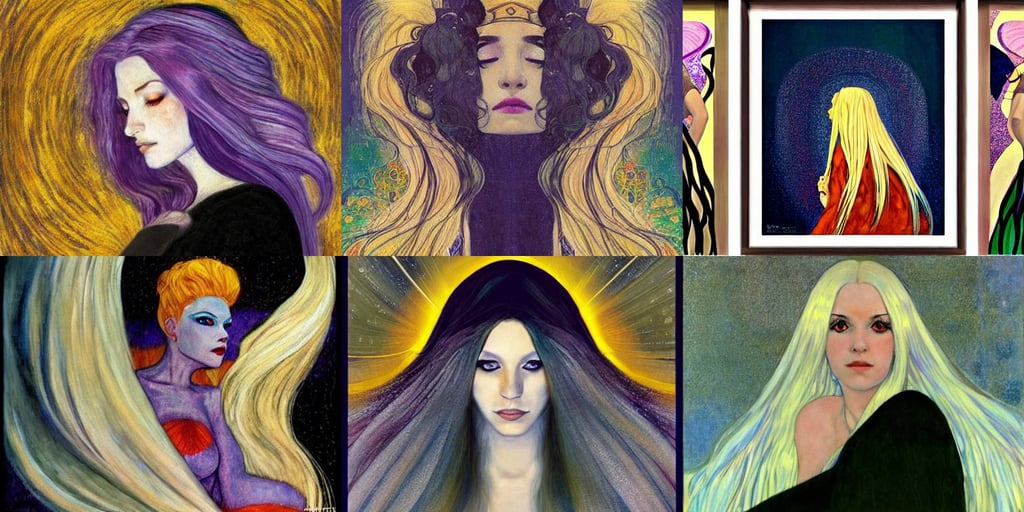 wizard woman long white hair, style of Maxfiel..., gorgeous, atmospheric, art by Gustav Klimt, sunset hair color, art by Edward Hopper, flying through hyperspace, art by Giotto Di Bondone, daytime, movie poster art, f1.8, Alex Grey, full figure drawing, art by Henri Matisse, Art Deco, magic, art by Vincent Van Gogh