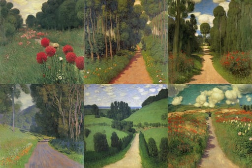 The road to valhalla, art by Claude Monet, art by Tommaso Masaccio, Flowers and Lush Vegetation, art by Jan Van Eyck, art by Andrea Mantegna, art by Rembrandt Van Rijn, art by Claude Monet, art by Winslow Homer, art by Andy Warhol, art by Caspar David Friedrich, vector illustration, art by Johannes Vermeer, art by Edward Hopper