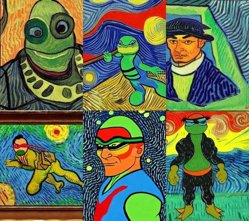 Jacques Chirac as a ninja turtle, abstract, art by Vincent Van Gogh, dreamy, movie scene, Establishing shot