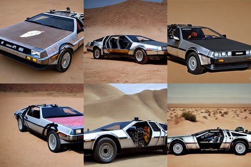 delorean as mad max desert car, art by Hilma Af Klint, Alex Grey, photo, Wide Angle, art by Paul Cézanne