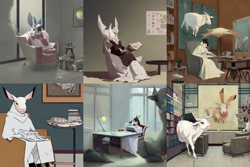 a cow in a luxury chair reading the newspaper, eeveelution with a computer theme, the office table by victo ngai and ruan jia and greg rutkowski, wearing a white garb covered with a long white cloak, art study of a body