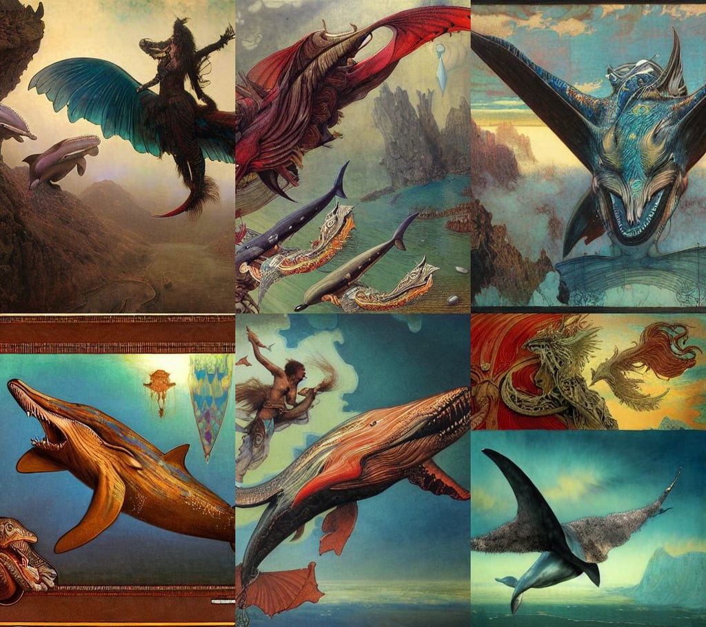 painting of hybrid between whale & dolphin & eagle, bark for skin, art station, punk aesthetic, big red dragon flying above them, 15 mm octane render, by Piotr Jabłoński, kilian eng vibrant colors, by alphons mucha and annie swynnerton and jean delville, ristan Eaton, highly detailed painting by gustave dore