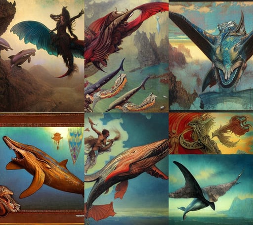 painting of hybrid between whale & dolphin & eagle, bark for skin, art station, punk aesthetic, big red dragon flying above them, 15 mm octane render, by Piotr Jabłoński, kilian eng vibrant colors, by alphons mucha and annie swynnerton and jean delville, ristan Eaton, highly detailed painting by gustave dore