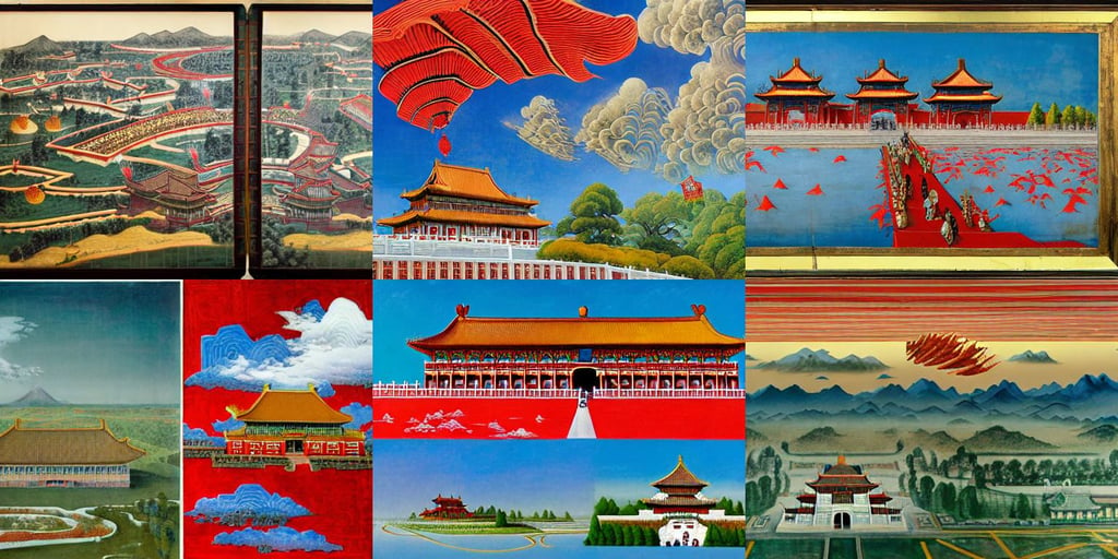 Forbidden City of China, peaceful and softly landscape who has Namek’s villages with a female character flying trough the sky, wing-tip to wing-tip, art by Jan Van Eyck, art by Winslow Homer, art by Marcel Duchamp, art by Domenikos Theotokopoulos, exposed red and blue wires on arms, art by Sandro Botticelli, epic, art by Kazimir Malevich