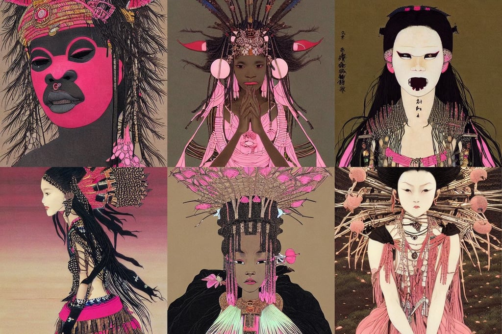 :  dogon tribe fantasy, small forehead, night lighting delicate features finely detailed perfect art, mouth and teeth appearing from the ground, ray - traced, wearing black corsets and pink tutus, upward flowing long hair, RHADS, Takato Yamamoto