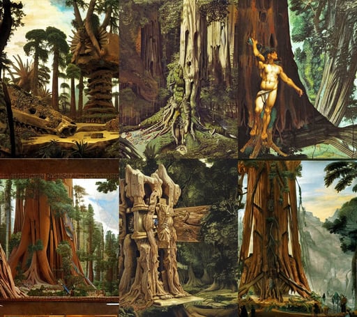 technologically advanced civilization built inside a redwood tree, high detail, art by Eugène Delacroix, geco maori, brutalism, art by Michelangelo Buonarroti, Brian Sum