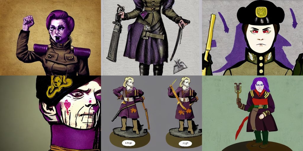 veteran female soldier wearing military uniform with bloodied boots. gritty character art, half blueprint, giddy medieval innkeeper. dark shadows, vertically flat head, wearing 1 8 5 0 s clothes, michelangelo, very oni spell, on arms, purple color palette, wearing one eye patch, street deal