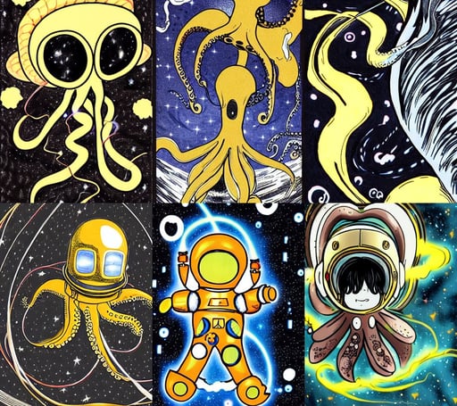 angelic octopus wearing a spacesuit, manga drawing, tornado, fujimoto, black hair in a rough shag, gold sci - fi armour