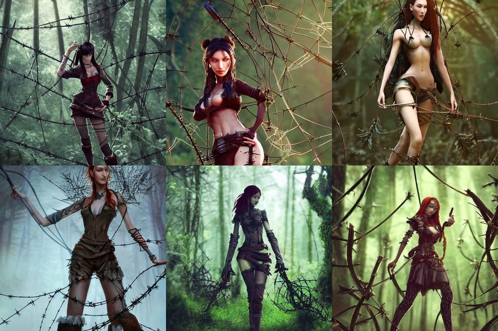 walking through forest, epic anthropomorphic pirate girl character posing for concept art, trees of barbed-wire thorns and wires, finely detailed, macro lens!!, full body shot, young bella hadid, 4 k trending on artstation