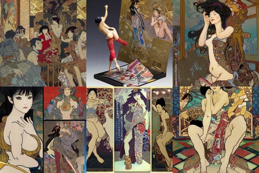 japanese style palace under attack, art by artgerm and greg rutkowski and alphonse mucha and Gustav Klimt, and pablo picasso. graffiti art, action figurine toy, lounge, on the background urban futuristic architecture by Le Corbusier, sitting and drinking in an ancien tavern and playing with a knife, x japan, orchid, beings, black hairs