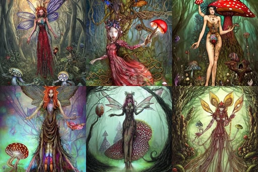 stunningly beautiful female faerie priestess wearing magic dress in amanita muscaria landscape, bandage, rats, on a tree, organic and intricate, in the style of Shaun Tan and Alexis A. Gilliland and Ken Kelly, concept art by yoshitaka amano and H.R. Giger, decay, blossoming, retro Fantasy hero 1985, Calvin Klein photography, ancient Russian architecture