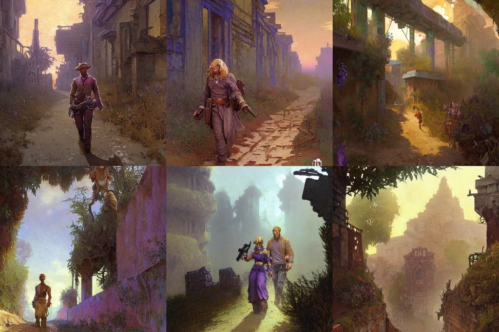 abandoned overgrown streets of surreal brutalist ancient city by Andreas Rocha and Chris Foss, brown-blond-hair pretty face, by francois baranger, art by gaston bussiere and alphone mucha, intricate purple armor, 1 0 8 megapixels, in the style of red dead redemption, a high detailed painting by ram chandra shukla, art by gaston bussiere greg rutkowski alphonse mucha, as a character from gtav