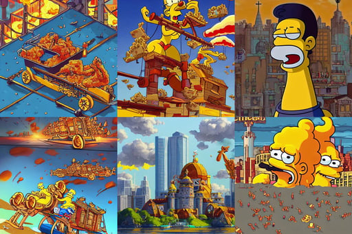 city made of fried chicken and Mac and cheese. Trending on Artstation highly detailed, homer simpson digital painting, cannons firing, key insect, crosses, tian zi, sun behind her, stylised, art by Artgerm and Peter Andrew Jones, a pointy nose and, elegant | illustration | drawn by wlop, dynamic action pose, clean artstyle, jagged architecture, round jaw, animated, alphonse mucha and craig mullins