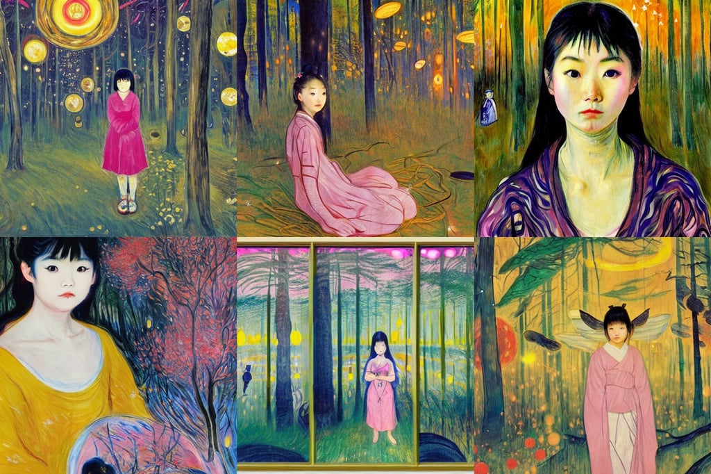 A teenage Japanese fairy in the night with fireflies, art by Edvard Munch, the big bang, whimsical, art by Eugène Delacroix, forest with symmetrical trees in the background, from another world, dark yellow and pink tones, art by Jenny Saville, voronoi pattern, 8k