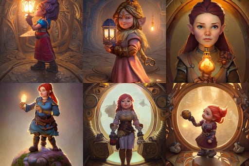 portrait of a beautiful cute strong brave realistic! female gnome engineer, inside karol very epcot, ArtGerm, Justin Gerard and Greg Rutkowski, wooden art nouveau swirls, lamps on ground