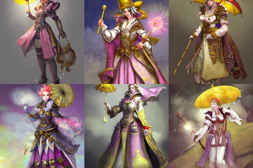 front!!! shot of a court jester!!! character, soft shading, divine background, vrubel, surrounded by white smoke, slender woman wearing puffy clothes and holding a yellow umbrella, covered in full metal armor, warm and happy, accurate details, in the Japanese fantasy videogame; character concept art; trending on artstation, rose pink skin