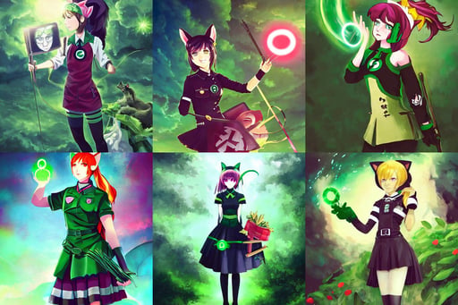 Girl with cat ears painting, billelis, Anato Finnstark, anime key visual of young female nazi military uniform maid dictator, vibrant colours, garden of eden, green lantern, holding a stuff, trick