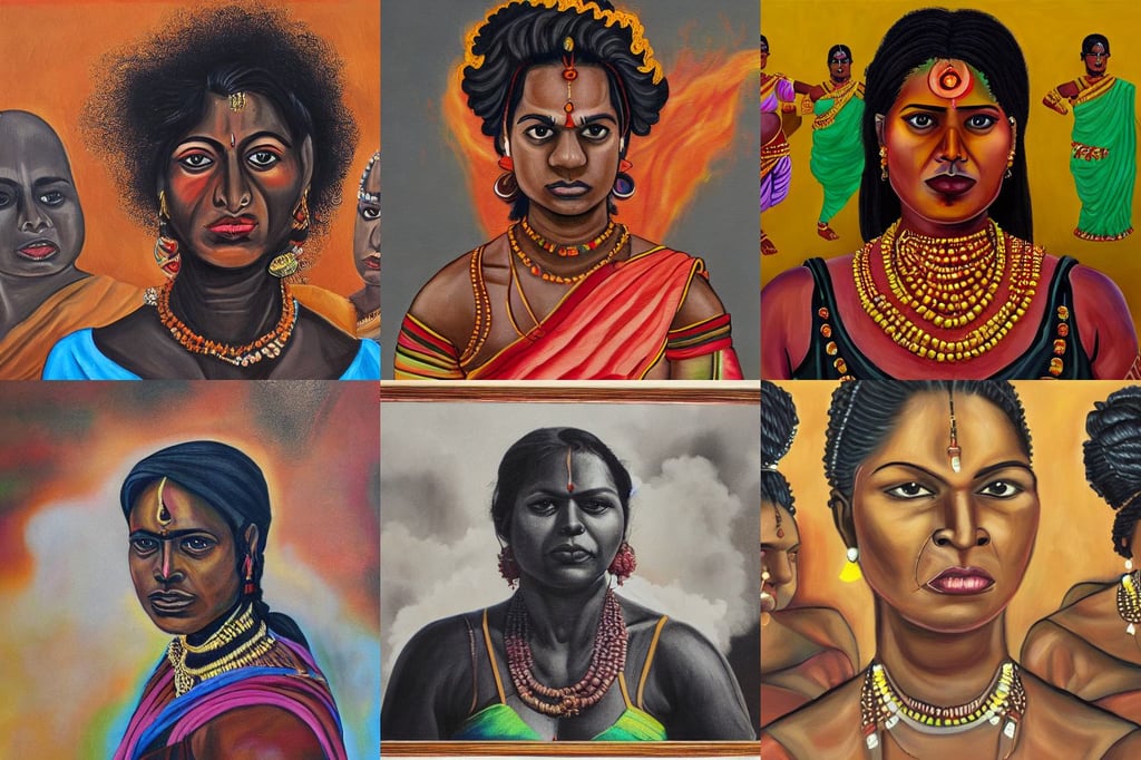 wide angle portrait painting of a black muscular south indian woman, with multiple heads, all the streets are on fire and smoke