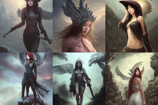 k - pop girls rioting, Himalayas, in ruined Agora of Athens, art by seb mckinnon, 4k by Greg Rutkowski, doom helmet, art by greg rutkowski and magali villeneuve and artgerm, extremely detailed shading, tall thin, soft morning lighting, artstation Masterpiece. Angel. Angel wings. light cute blush on face. glass fish hat. medium shot, maximalist vaporwave - n 9