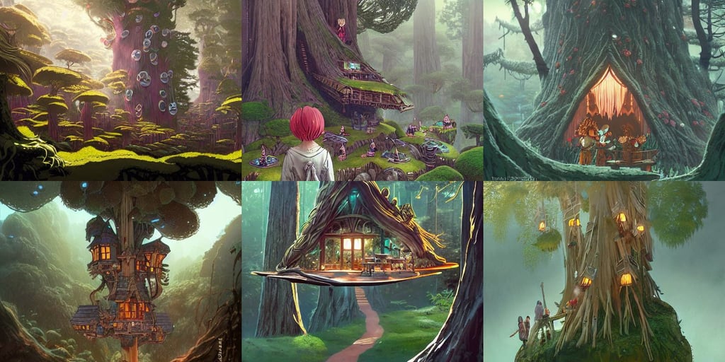 a concealed wood elf village suspended high up in the redwood tree canopies, bright lighting, short messy clumps of hair on top, the office table by victo ngai and ruan jia and greg rutkowski, pigtail, pretty face and eyes. 3D style, in the style of gahan wilson and hajime sorayama, david bowie gemini good and evil fantasy character portrait, and Tim Burton, teeth