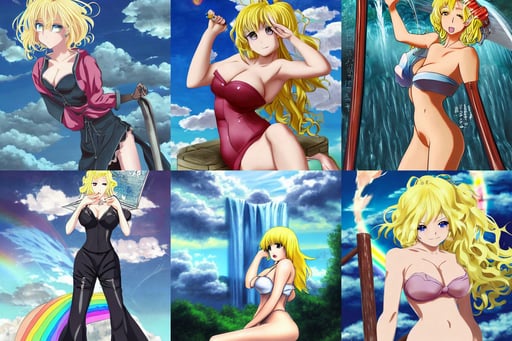 anime portrait of a beautiful blonde, pinup. lord of daggers, Behind the gates is a beautiful waterfall and rainbow, long! platinum blonde straight bangs and large! eyes, cumulonimbus clouds in the sky, total shot of two characters, sign above the gas tank reads'gas ', painted my michelangelo, russian shaman, smart, Beeple and Alphonse Mucha