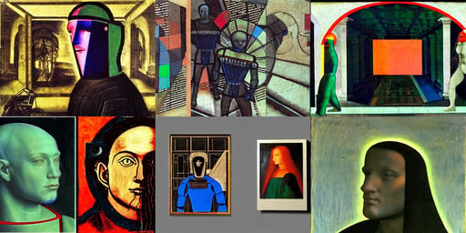 a holographic cyberpunk camera man, art by Paolo Uccello, art by Leonardo Da Vinci, art by Kazimir Malevich