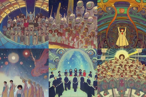 a highly detailed matte painting of a cosmic choir in space by studio ghibli, quality digital art, and mucha, rutkowski