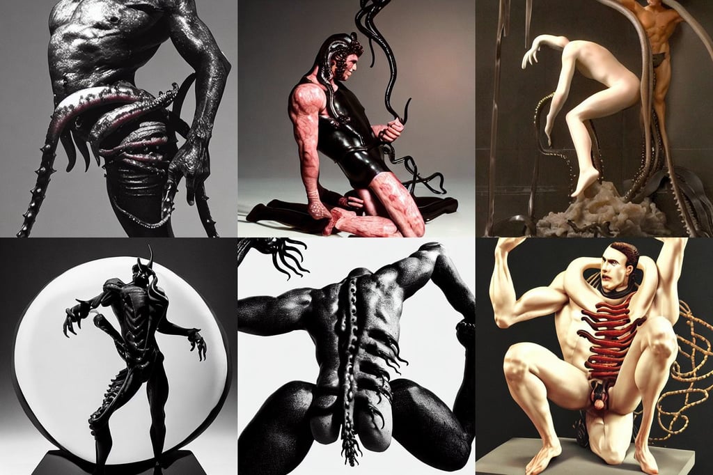 achilles made of soft translucent wax, covered with black spinal ribbed tentacles black flesh black meat on white exoplanet, 8k., artistic composition, wearing black camisole outfit, hands straight down, filmation!!