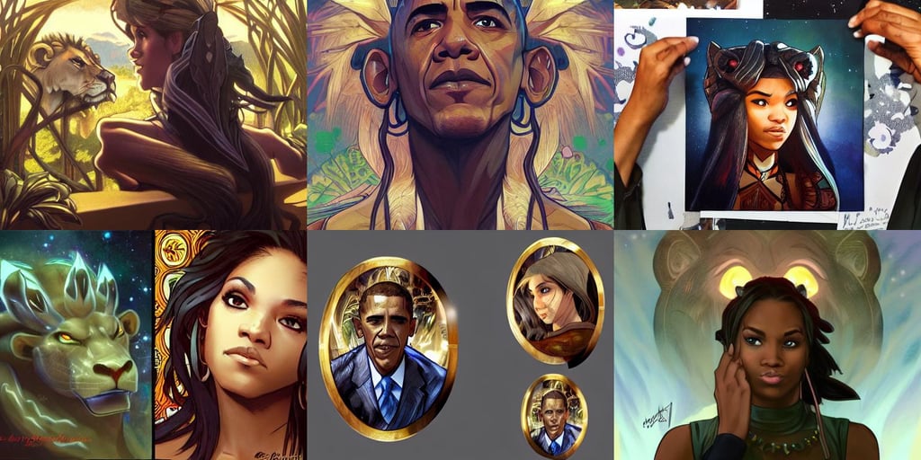 clear portrait of obama, calm night. Over shoulder shot, twilight princess, lion and dinosaur Epic Fantasy Art, sparse scraggy trees, gloomy mood, art by artgerm and greg rutkowskiand alphonse mucha