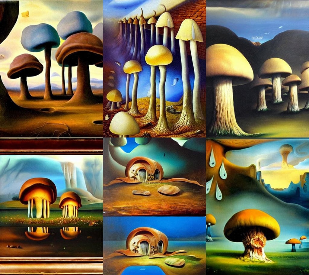 otherworldly mushroom houses, oil on canvas, mystical, 19th century, hyper realistic painting, by salvador dali