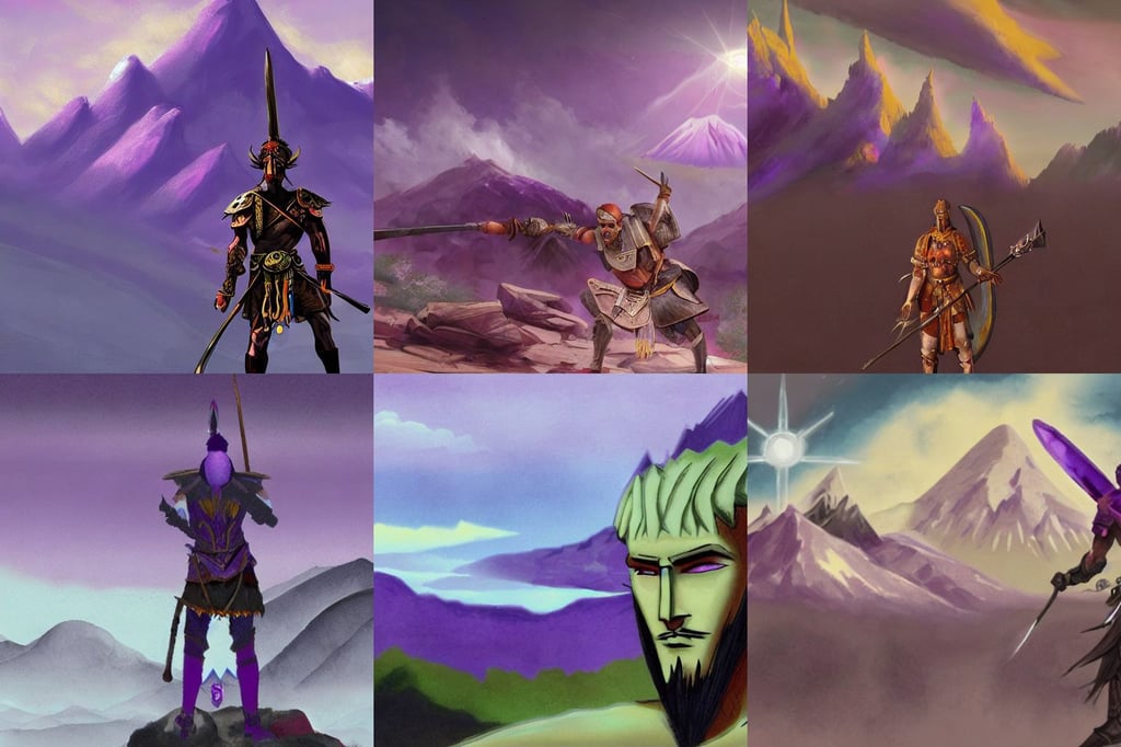 a concept art of a warrior, purple mountains in the background and all - seeing eye in the foreground