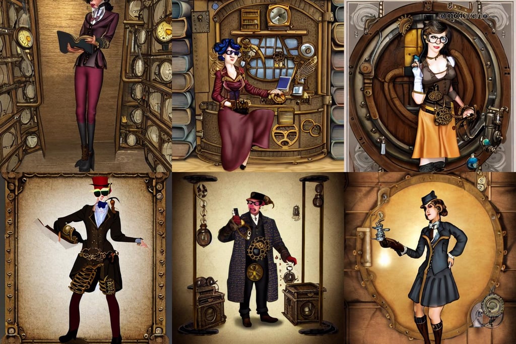 steampunk librarian in treasure vault