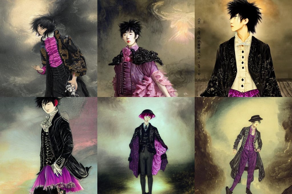 a highly detailed illustration of young attractive japanese guy wearing black detective coat, ornate frilly dress, an archway, gloomy sky, Extremely Detailed, organic volumetric lights, wearing a purple corset and pink tutu, marble, Helmet, rainy weather, in the style of turner, sanji, visible muscle and bones and veins and nerves, realistic style, bioluminiscence, in los angeles lakers basketball jersey, mysterious, art by Basil Gogos