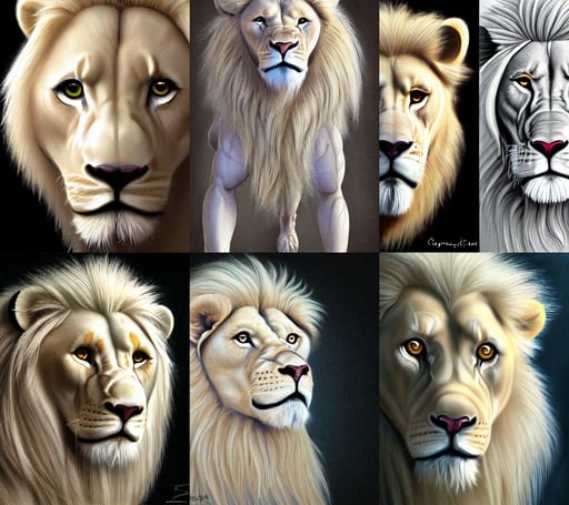 commission portrait of a male anthro albino lion, asymmetrical portrait, the middle one larger than the two sides, inner peace, ultra realistic human face, art by swietopelk and rebelzize and david leggett and deviant art, soft colors, clematis design, ultra highly detailed, Mandy jurgens, by Caravaggio!!!!, adjacent to a frivolous futuristic neon!!!!!! club, design sheet, Jan Matejko, snake eyes, hats