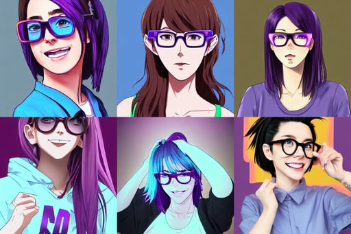 A medium shot anime portrait of a happy woman with brown hair, neon glasses, black to purple fade hair color, wlop and artgerm, wearing a light blue shirt