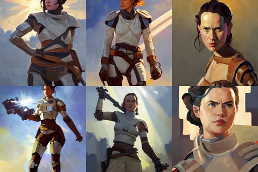 greg manchess portrait painting of armored rey skywalker as overwatch character, in the style of Delaunay, beautiful light rays, Cinematographic, concept fashion revolutionary war propaganda portrait, bright art masterpiece artstation. 8 k, posing together in bra, art by laurie greasley, wlop style