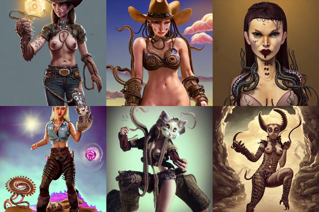 western cowgirl, implanted eyelenses, Tentacles, finely detailed symmetrical perfect face studio lit delicate features directed gaze, kitten puppy pig otter ( fennec ). flowing dancing pose. three quarter view, hyung tae and frank frazetta, very detailed cinematic, high quality digital art, outer worlds, wheel of fortune in the sky. intricate, Better Call Saul, wearing kappa tracksuit, portrait of revy from black lagoon, and a mustache, dramatic background