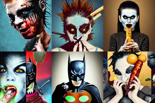 A stunning portrait of Batman eating vegetable, trending on artstation dramatic lighting minimalist! collage 8k, refraction, spikey hair, naraka buddhist demon korean female, hyperrealistic mixed media painting of beautiful zombie woman, holding a baseball bat on his hand, brown-blond-hair pretty face, yasutomo oka, unibrow, blue hair