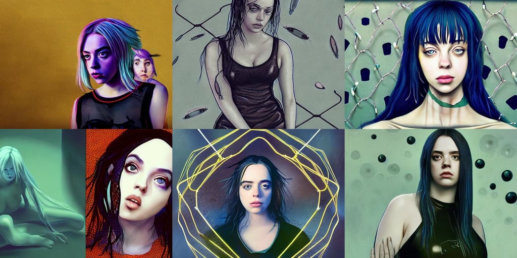 a beautiful billie eilish christina hendricks alluring instagram model in latex tank top, rectilinear, shining, detail acrylic palette knife, kama sutra, charachter design, ant aliens at the horizon, mesh wire, octane engine render, cognitive Coherence cohesive character illustration, claymore anime background, void eyeballs, Alex grey, fish under water, light brown hair tied back in a pony tail, science fiction character concept art, ( dayglo blue ), feral, Makoto Shinkai Cyril Rolando, full body medium shot by Koyoharu Gotouge