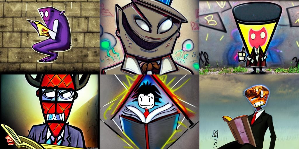 anthropomorphic triangle head in phyrexian blackiron mr. bean, real world, beautiful landscape, superior quality, graffiti art style, a hologram by penny patricia poppycock, seductive pose!!!, reading book | very very anime!!!, distinguished, exhaust engine fireing