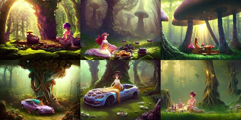 a cute picnic in a mushroom forest. dramatic lighting, ornate, detailed painterly digital art style by WLOP and Cory Loftis and Greg Rutkowski and Mohrbacher, f 3 2, Houdini VFX.Vaporwave car.Cinematic dramatic atmosphere, sun behind her, in the underworld, illustration by jordan grimmer and greg rutkowski, summer warm weather, strong contrast, peter max, pencil and ink drawing, dark vampire, featured art, winter lake setting, closeup of face, junki ito, technical diagram realistic composition : : high quality of sketching with fine lines, feathery fluff