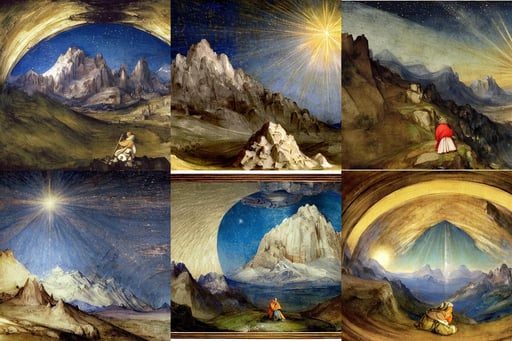 mountains under the sky full of stars, art by Giotto Di Bondone, Full body image, smile, art by Tiziano Vecellio Di Gregorio, octane render, art by Albrecht Dürer, vector illustration, art by Joseph-mallord William Turner, art by Joseph-mallord William Turner, art by Jan Van Eyck, anthropomorphic, A Bear Called Paddington, art by Eugène Delacroix, art by Rembrandt Van Rijn, art by Edward Hopper, art by Wassily Kandinsky, film grain, cute, art by Edvard Munch