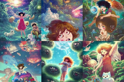 shaggy fluffy round monsters with big eyes, by Huang Guangjian and Gil Elvgren and Sachin Teng, thunderstorm color scheme, naval landscape, winged victory, anime key visual of a confused girl, a vast floor, lasers on stage and the crowds are excited, surrounding jungle, rocky movie